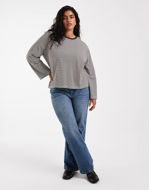ONLY Curve long wide sleeve top in chocolate and cream stripe, 2 of 4