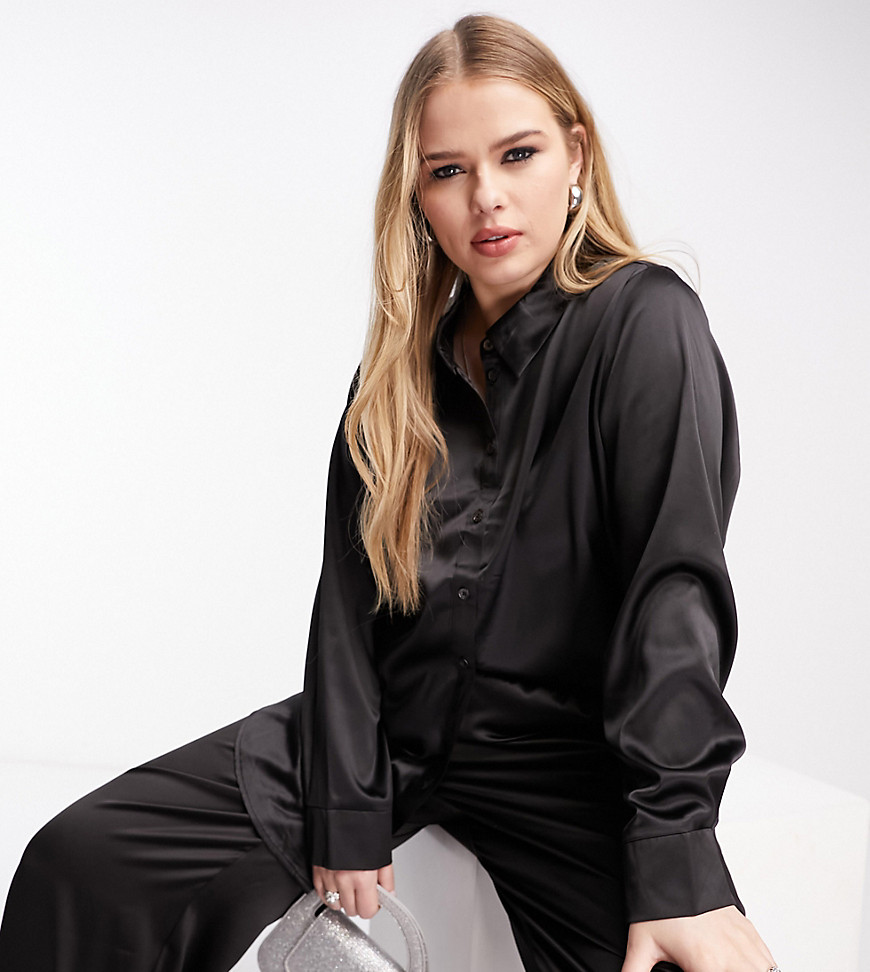 Only Curve longline satin shirt in black - part of a set