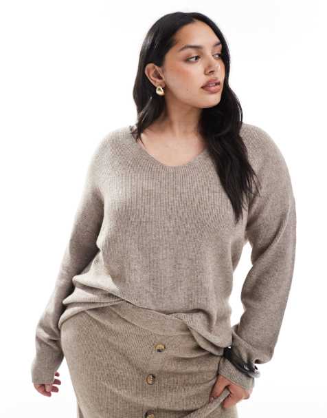 ONLY Curve - Maglione ampio beige a coste con scollo a V in coordinato - view 1