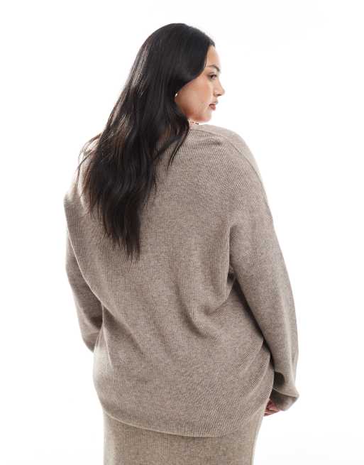 ONLY Curve - Maglione ampio beige a coste con scollo a V in coordinato, 2 di 4