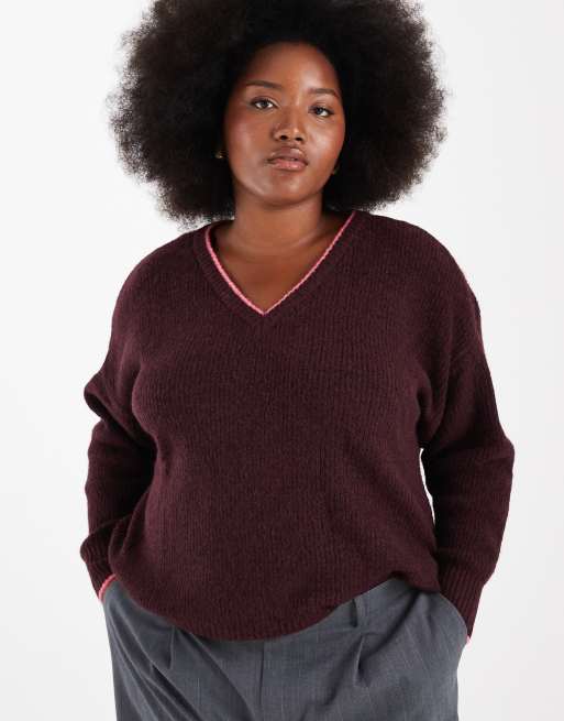 ONLY Curve - Maglione color bordeaux con cuciture a contrasto