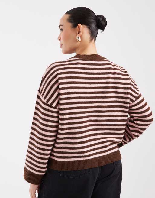 ONLY Curve maglione lavorato a maglia a righe marroni e rosa, 3 di 4