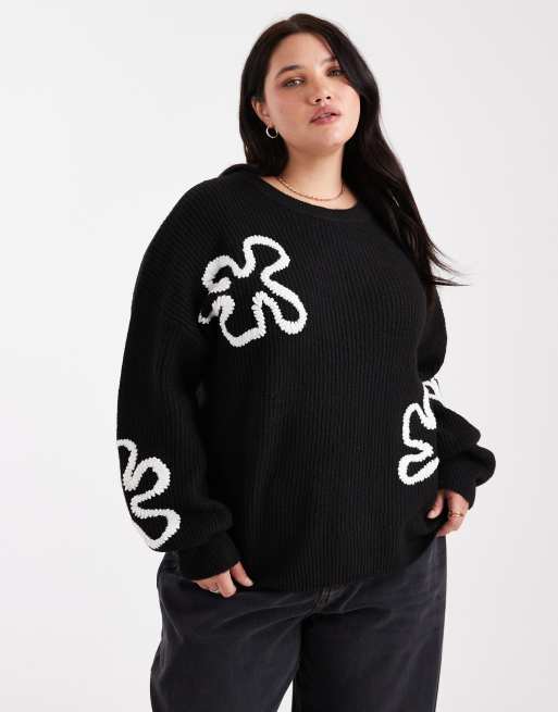 ONLY Curve - Maglione nero con dettagli floreali cuciti