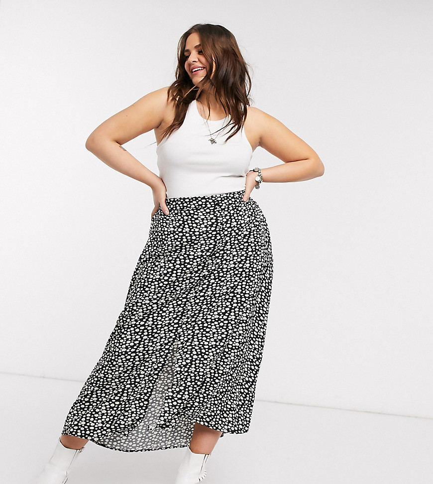 Only Curve maxi skirt with front split in black daisy print-Multi