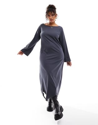 Only Curve - Maxikleid in Anthrazit mit Zipfelsaum-Grau