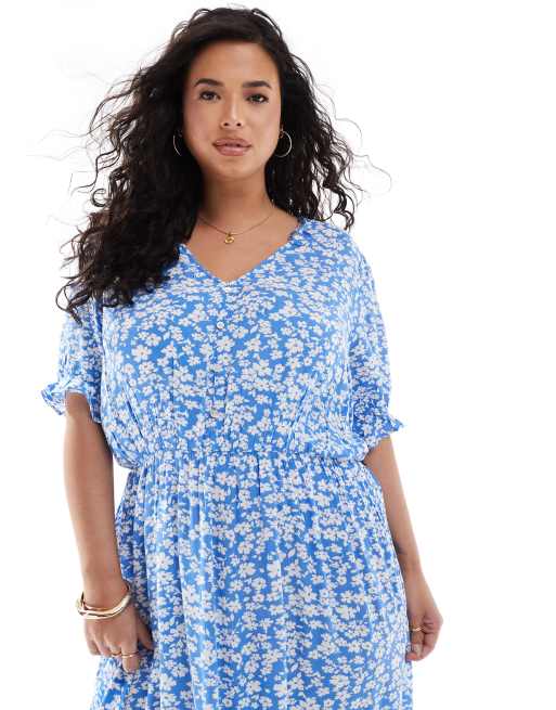 ONLY Curve – Maxikleid in Blau mit Blumenmuster und V-Ausschnitt , 2 von 4