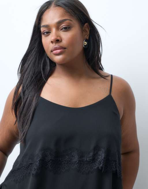 ONLY Curve mesh overlay cami top with lace detail in black, 3 of 4