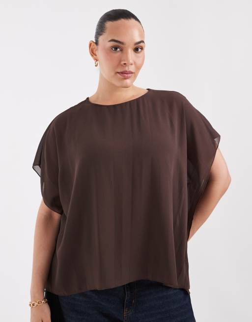 ONLY Curve mesh overlay t-shirt in chocolate, 3 of 4