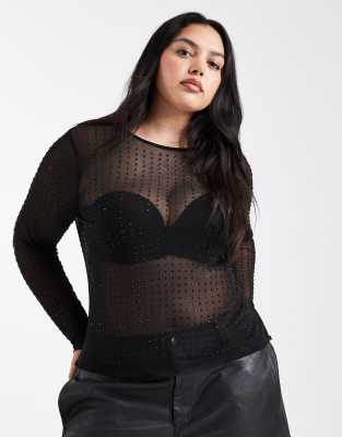 Only Curve Mesh Top With Rhinestones In Black