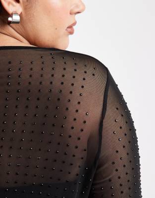 Only Curve Mesh Top With Rhinestones In Black