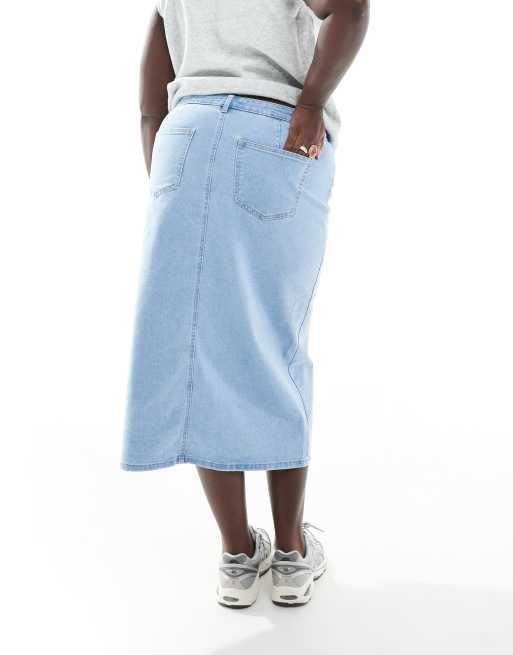 ONLY Curve – Midi-Jeansrock in Hellblau mit Frontschlitz, 4 von 5