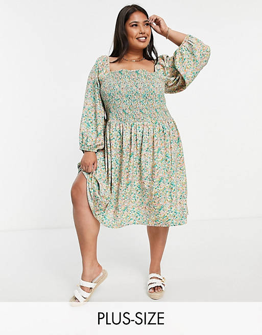 Only Curve midi smock dress with shirring and volume sleeves in green floral print