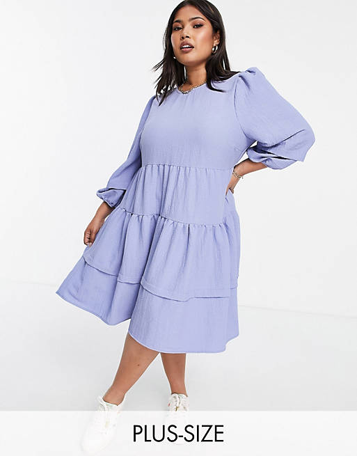 Only Curve midi smock dress with sleeve deatil and tiering in lavender blue