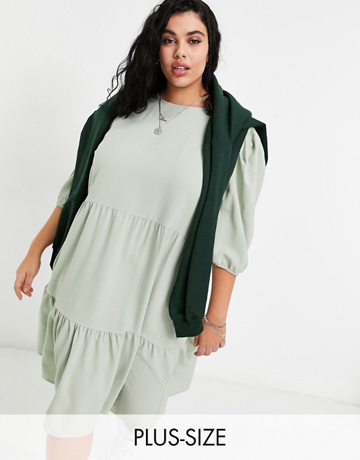 Only Curve midi smock dress with tiering in sage green