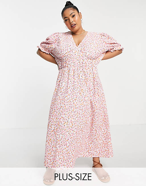Only Curve midi tea dress with v neck in pink floral print