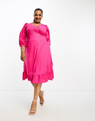 Only Curve - Midi-Wickelkleid in leuchtendem Rosa mit Puffärmeln