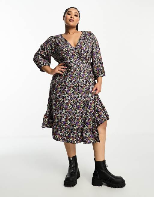 Only Curve – Midi-Wickelkleid in Schwarz mit Blumenmuster 