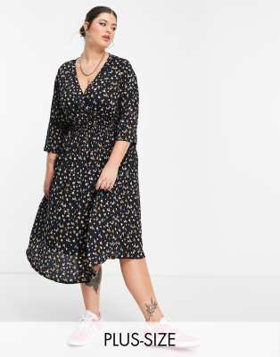 Only Curve midi wrap dress in black floral