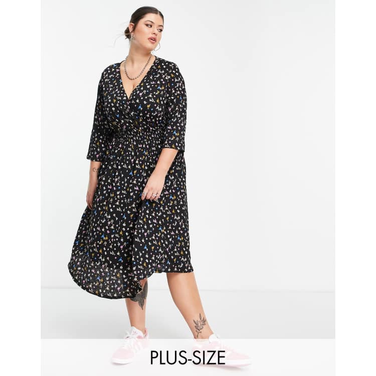 Only Curve midi wrap dress in black floral