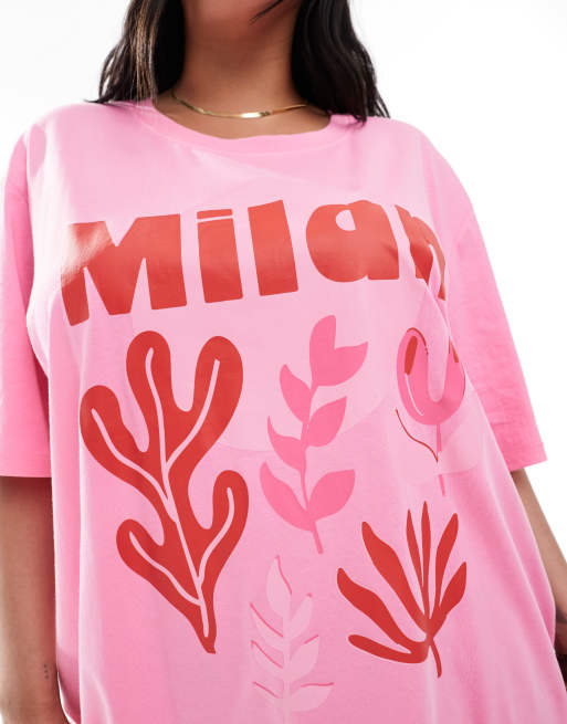 ONLY Curve Milan graphic oversized fit t-shirt in pink, 2 of 4