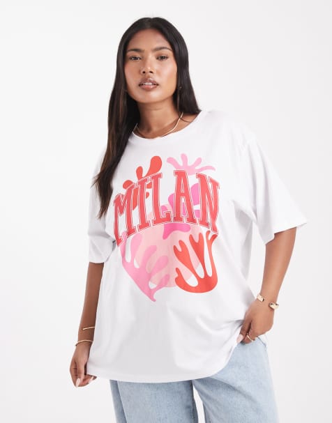 ONLY Curve  Milan graphic oversized fit t-shirt in white - view 1