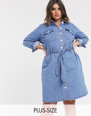 Only Curve mini denim shirt dress with waist tie in blue | ASOS