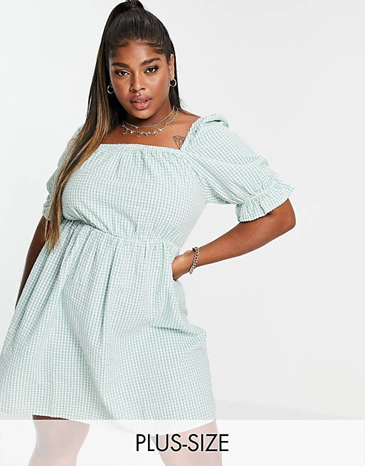 Only Curve mini dress with square neck and puff sleeve in green gingham