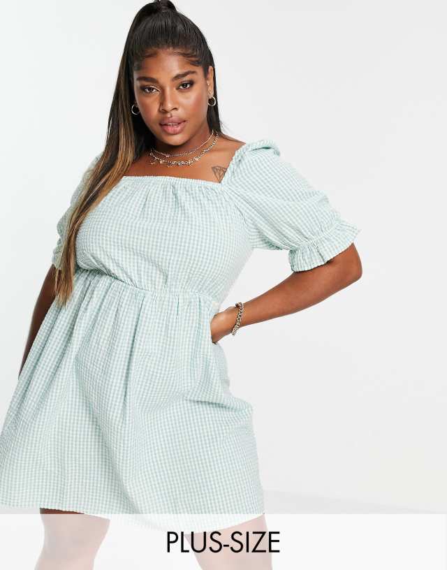 Only Curve mini dress with square neck and puff sleeve in green gingham