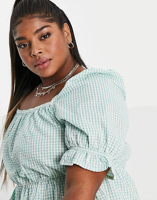  Only Curve mini dress with square neck and puff sleeve in green gingham 
