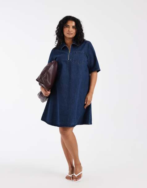 ONLY Curve – Mini-Jeanskleid in dunkelblauer Rinse-Waschung mit Faltendetail - view 1