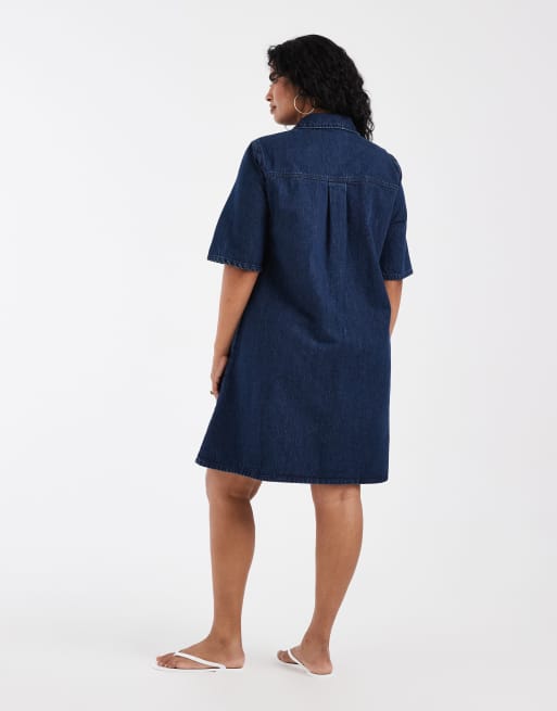 ONLY Curve – Mini-Jeanskleid in dunkelblauer Rinse-Waschung mit Faltendetail, 4 von 4