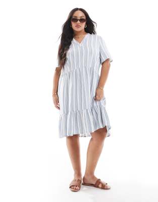 ONLY Curve - Minikleid aus Leinenmix mit V-Ausschnitt und hellblauen Streifen