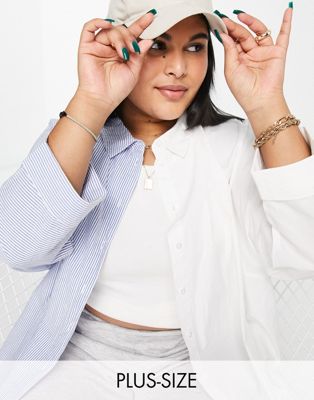 Only Curve mixed stripe oversized shirt in white & blue - ASOS Price Checker