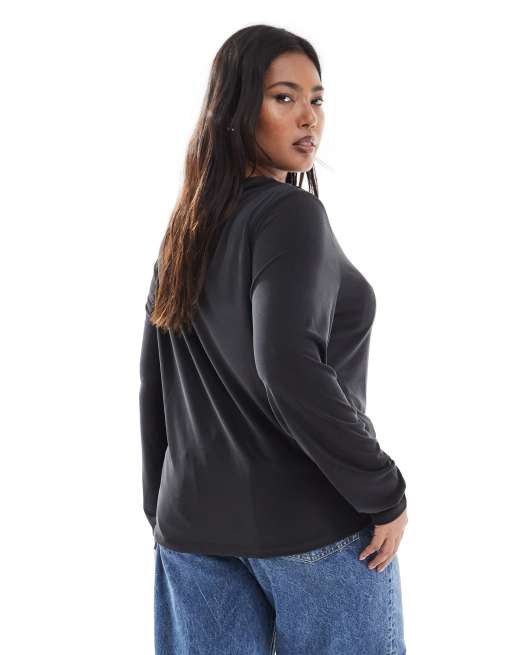 ONLY Curve – Mörkgrå, silkig topp med långa ärmar och rynkning i halsen, 3 av 4