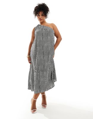 one shoulder tiered hem maxi dress in black & white wave stripe