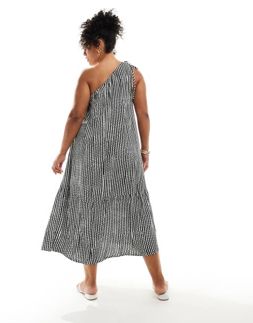 ONLY Curve one shoulder tiered hem maxi dress in black white wave stripe