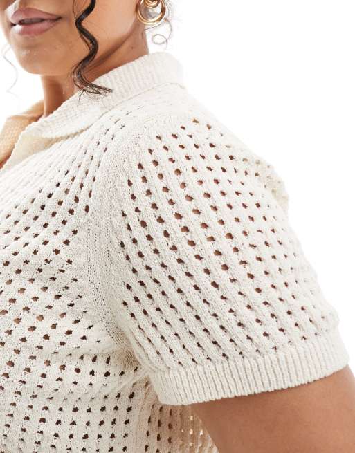 ONLY Curve open knit polo shirt in cream, 3 of 4