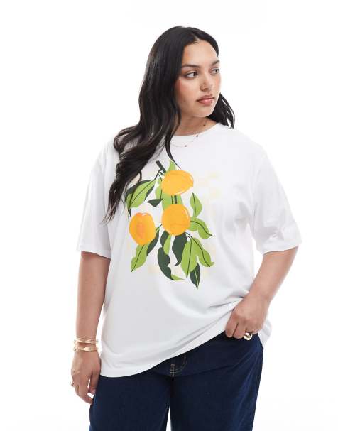 ONLY Curve orange graphic oversized t-shirt in white - view 1