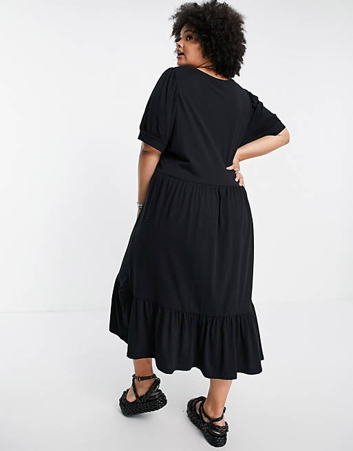 Dresses Only Curve organic cotton tea dress with puff sleeve in black 