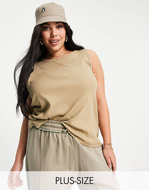 Only Curve cotton blend vest top in khaki - MGREEN