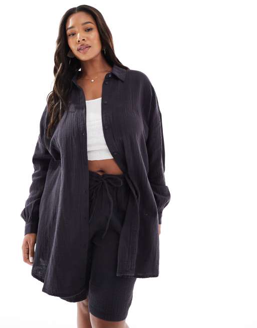 Only Curve - Overhemd van kaasdoek met lange mouwen in antracietgrijs, deel van co-ord set