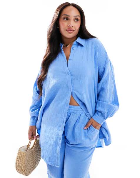 ONLY Curve - Overhemd van kaasdoek met lange mouwen in blauw, deel van co-ord set - view 1