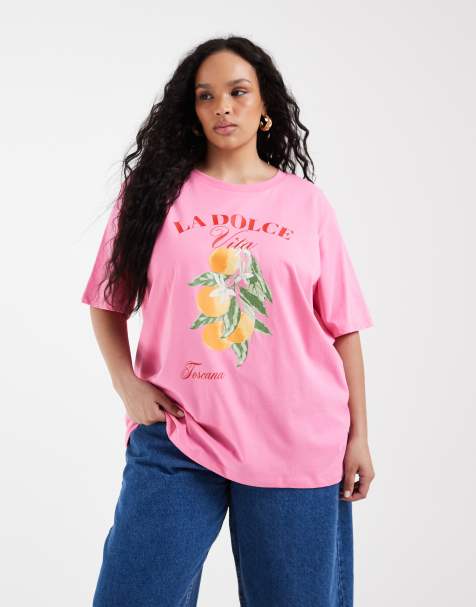 ONLY Curve oversize fit t-shirt with oranges print in pink