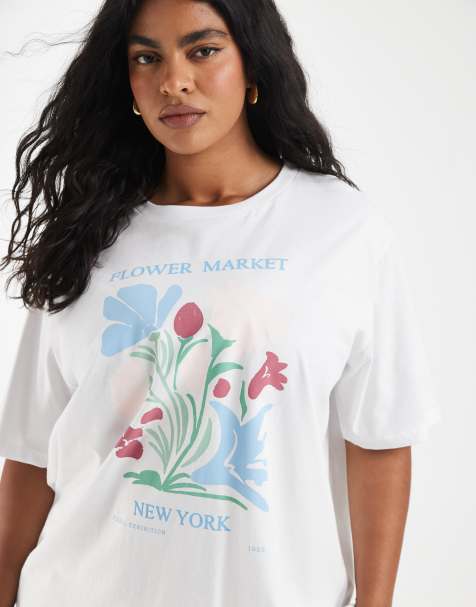ONLY Curve – Oversize-T-Shirt in Weiß mit „Flower Market“-Print - view 1