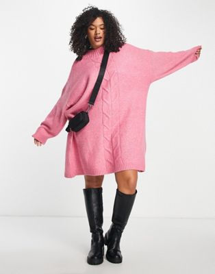 Only Curve oversized cable knit mini jumper dress in pink