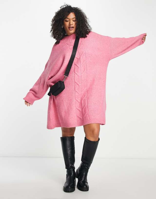 Only Curve oversized cable knit mini sweater dress in pink