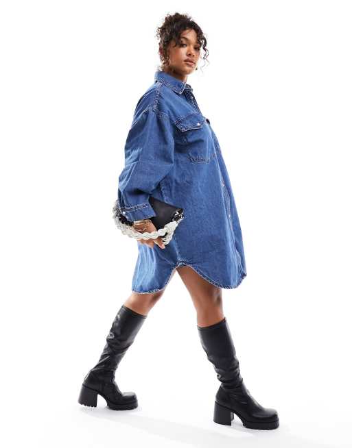 Plus Size Denim Shirt Dress - Long Sleeve / High Low Style