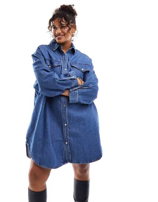 ONLY Curve oversized denim mini shirt dress in mid blue