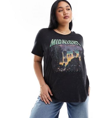 Only Curve Oversized Embellished Graphic T-shirt In Washed Black