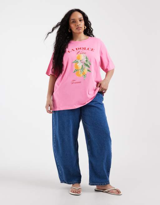ONLY Curve oversized fit t-shirt with oranges print in pink, 2 of 4